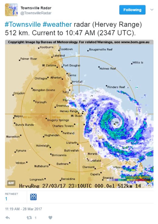 Animated Twitter Radar Reports for Cyclone Debbie Animated Twitter Radar Reports for Cyclone Debbie