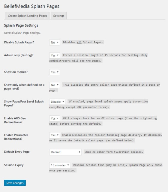 Splash Page Plugin Settings