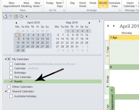 Outlook Events Calendar
