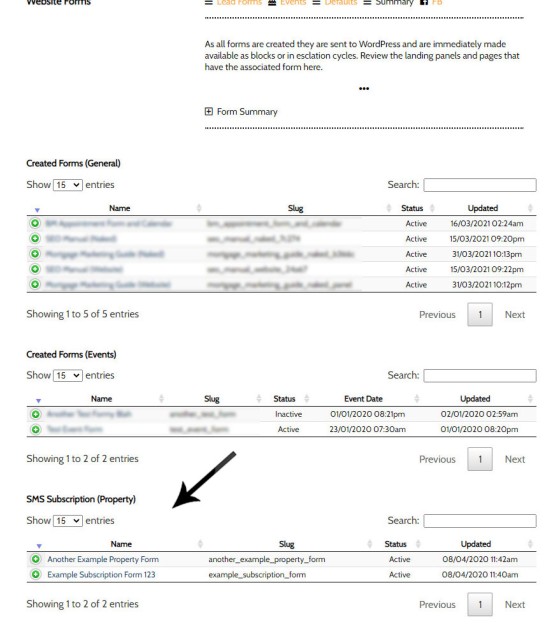 SMS Form Summary