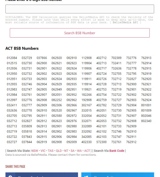 ACT BSB Numbers