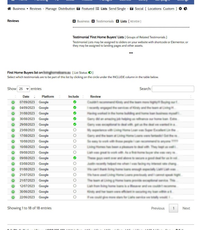 Testimonial List Management