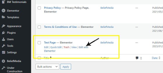 Edit Test Page in Elementor