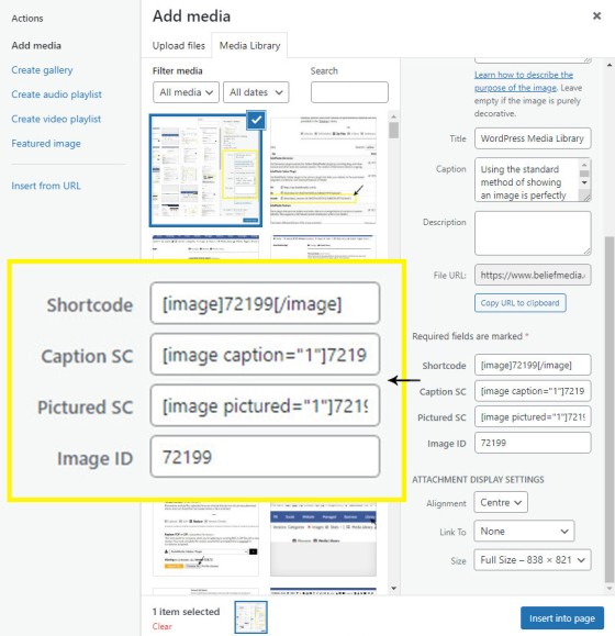 Copying Image Shortcode from the WordPress Media Library