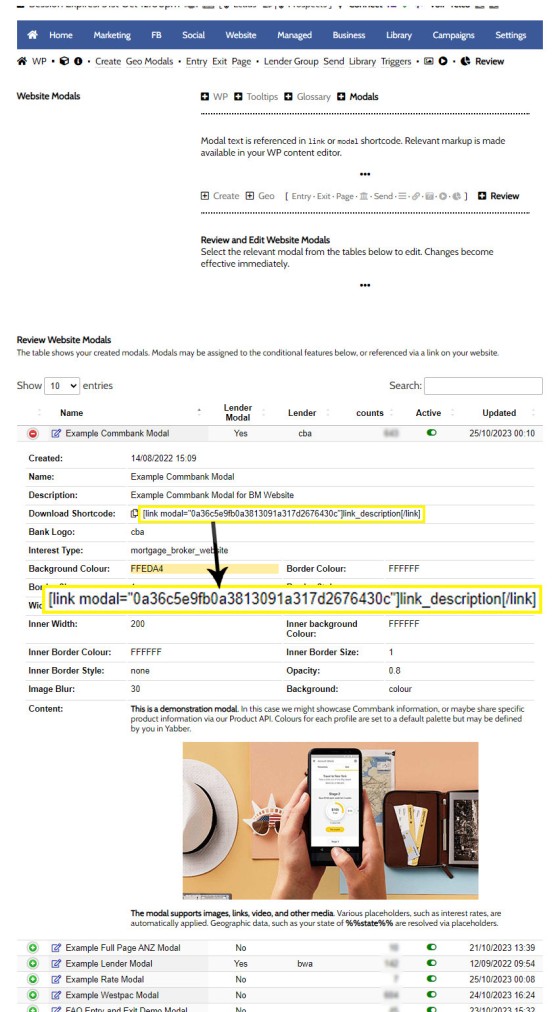 Modal Standard Link Shortcode