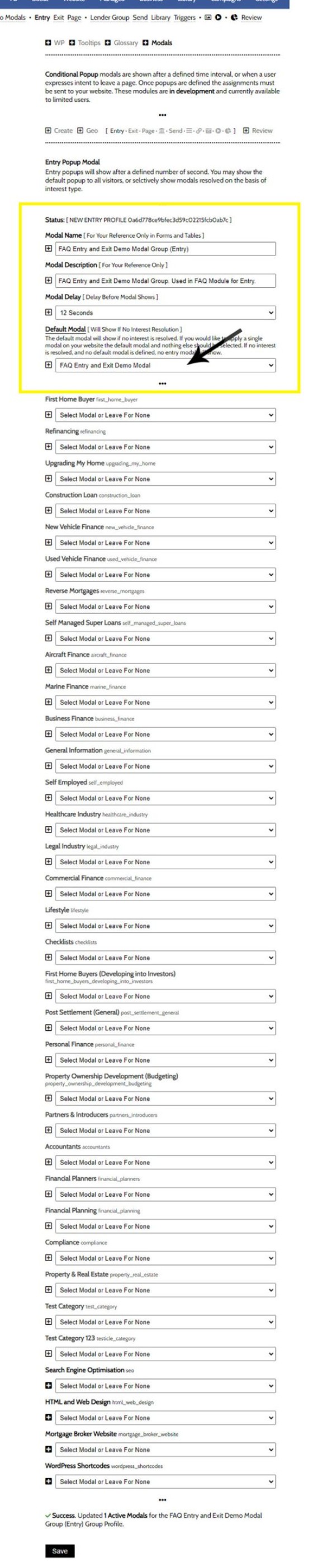 Define Entry Modal Conditional