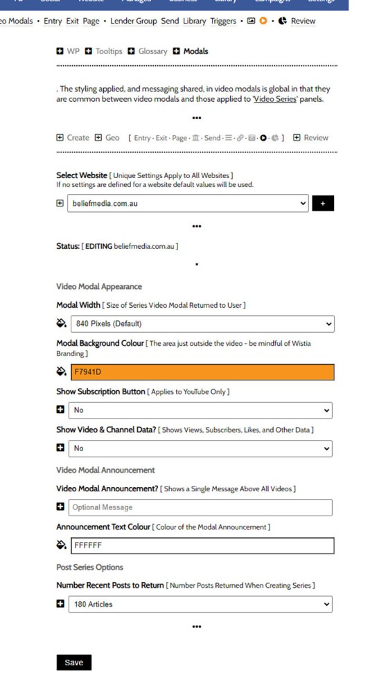 Lender Video Modal Settings