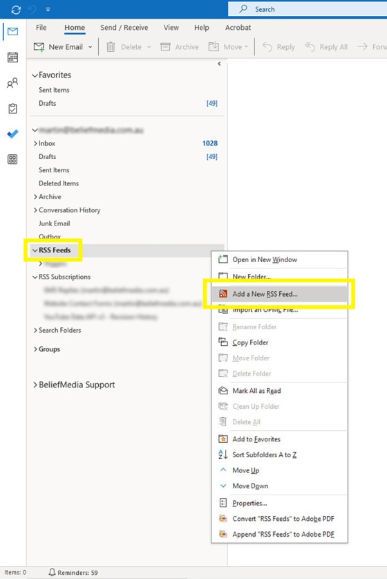 Outlook Add New RSS Feed