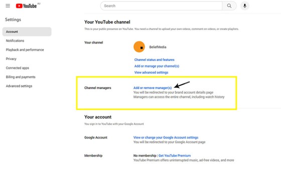 YouTube Add or Remove Managers