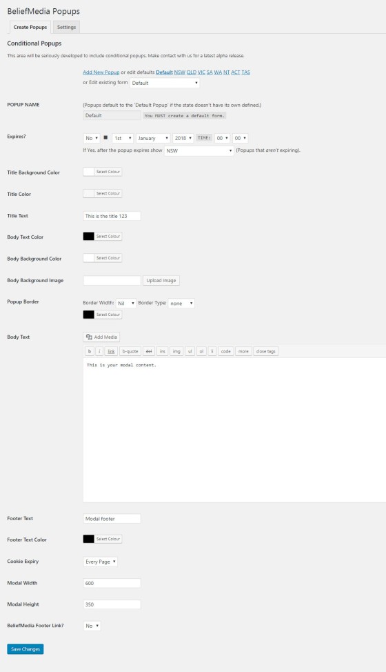 WordPress Popup Creation Form