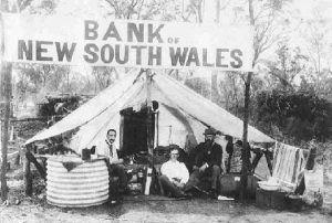 A Bank of New South Wales 'tent branch' in the goldfields at West Wyalong.